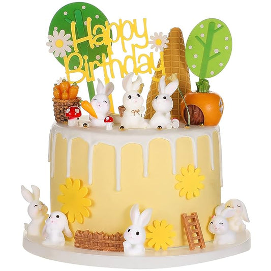 Yookeer 24 Pcs Bunny Cake Topper Set Rabbit Decorations Figurines Carrot Cake Decorations Rabbit Topper Happy Bunny Birthday for Kids DIY Birthday Party Garden Decor
