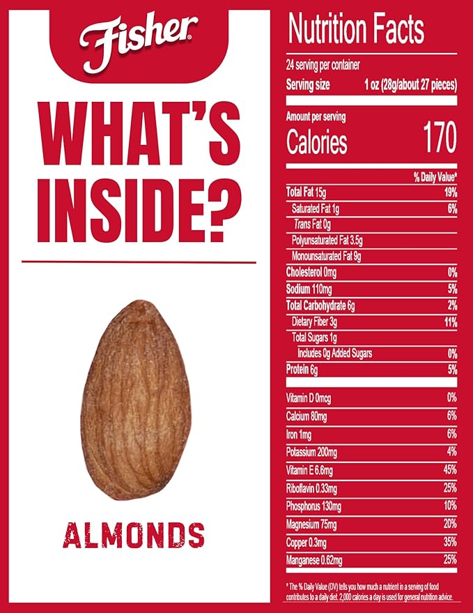 Fisher Oven Roasted Never Fried Almonds, 24 Ounces (Pack of 1), Heart Healthy Snacks for Adults, Made with Sea Salt, No Added Oil, Artificial Ingredients or Preservatives, Gluten Free, Vegan Protein