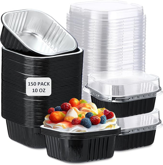 Aoriher 150 Pieces 10 oz Mini Cake Pans with Lids Aluminum Foil Baking Cups Square Disposable 4" x 4" Large Cupcake Cups Baking Tins for Kitchen Brownie Pudding Desserts Holders(Black)