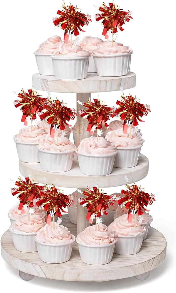 Rsstarxi 30 Pack Foil Firework Cupcake Toppers Red Sparkle Tinsel Drink Cake Decorations Cocktail Food Toothpicks for Happy Valentine's Day Birthday Wedding Graduation Party Decorations Red Silver