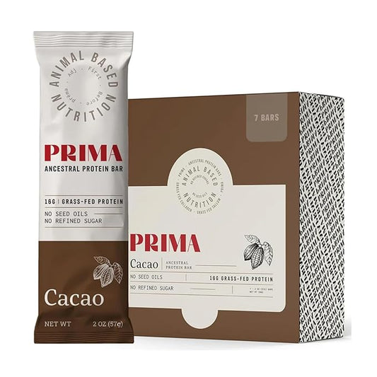 PRIMA ANCESTRAL PROTEIN BAR Grass Fed Protein Bars, 7 Pack ??Animal-Based Protein Bar with Beef Tallow, Raw Honey, Seed Oil Free, Low Carb, Gluten-Free ??Healthy, Energy Snacks for Clean Lifestyle (7 Pack, Cacao)