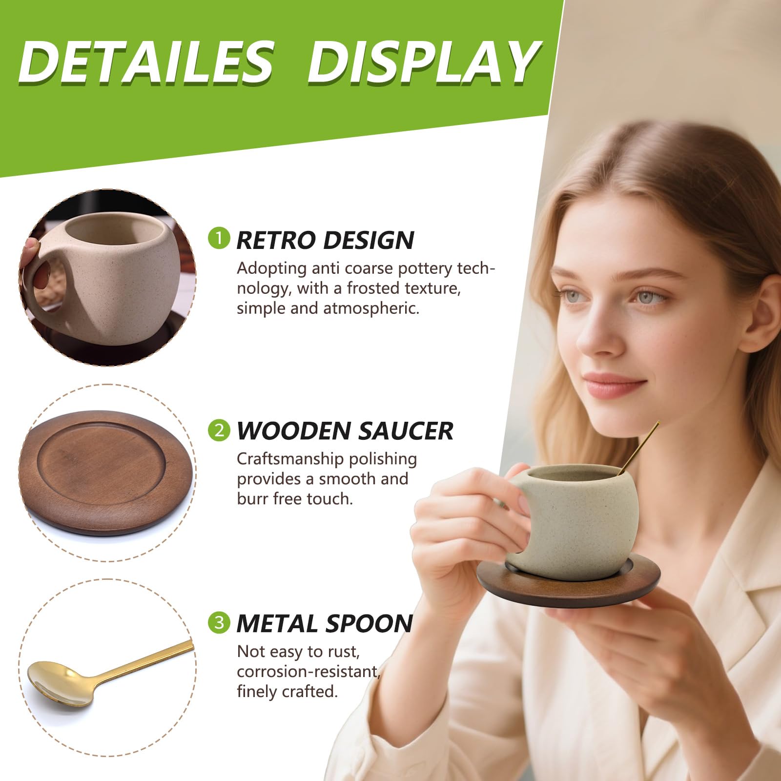 Ceramic Coffee Mug Set with Natural Wood Saucer & Spoon - 8.5 Oz Elegant Tea Cups for Latte, Hot