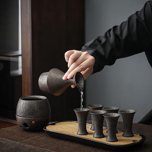 TEANAGOO Traditional Japanese Sake Set, Sake Carafe(6 Oz) with 6 Sake Cups (0.9 Oz) for Hot or Cold Japanese Soju Liquor with Serving Bambo Tray Gift Sets 10pcs/set,Saki Sets Traditional Carafe Set
