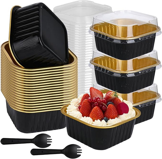 100 Pack Mini Cake Pans with Lids And Spoons, 5oz Square Mini Loaf Pans with Lids, Disposable Cupcake Ramekins Small Cake Pans Aluminum Cups with Lid, Foil Baking Cups Dessert Containers Black Gold