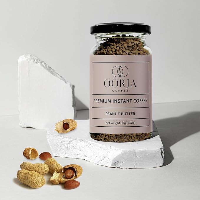 OORJA Instant Coffee Granules - Peanut Butter Flavored Freeze Dried Coffee Made From Medium Roast 100% Arabica Beans for Quick Hot and Iced Coffees, 25 Servings