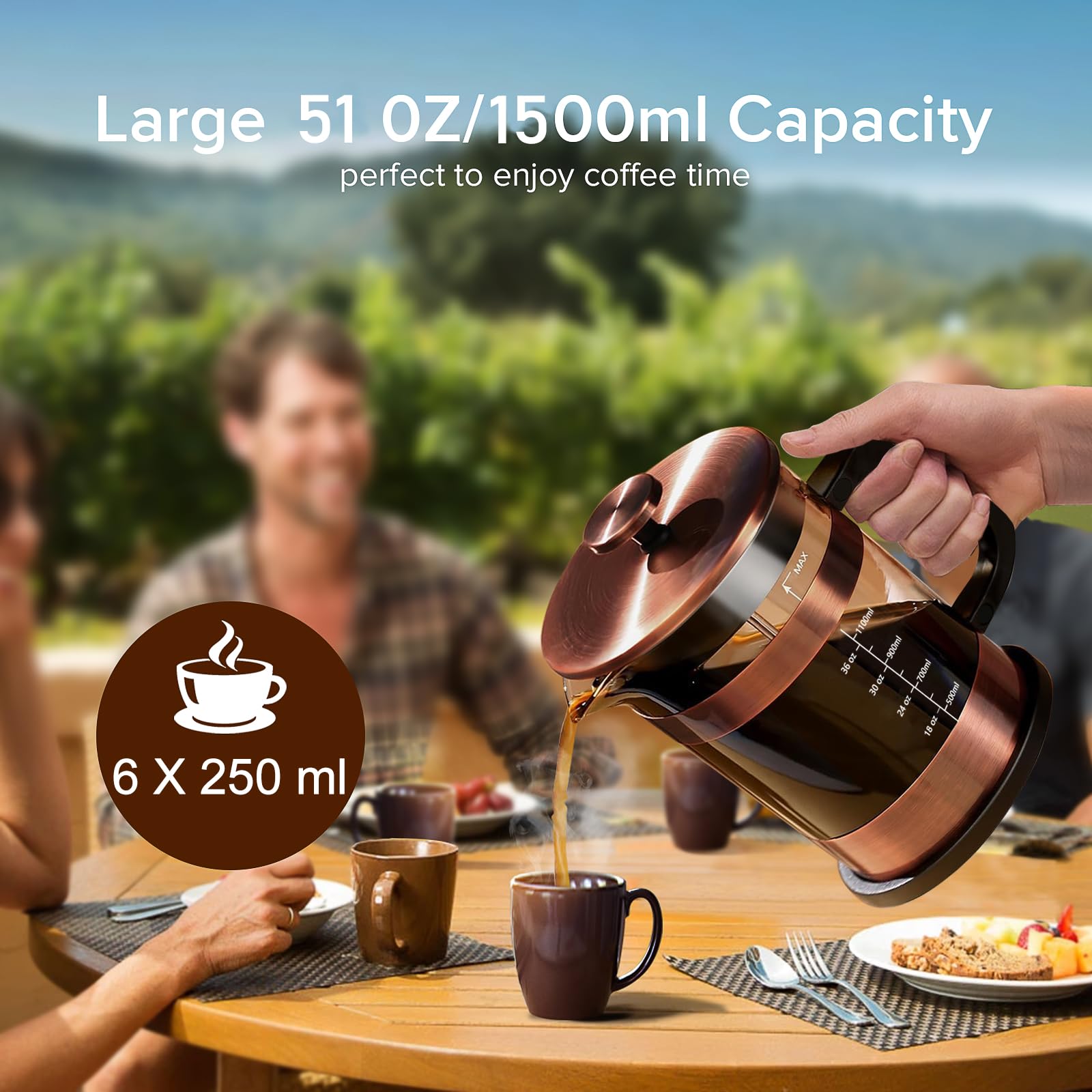 QUQIYSO French Press Coffee Maker 51oz, Large French Press, Thickened Glass