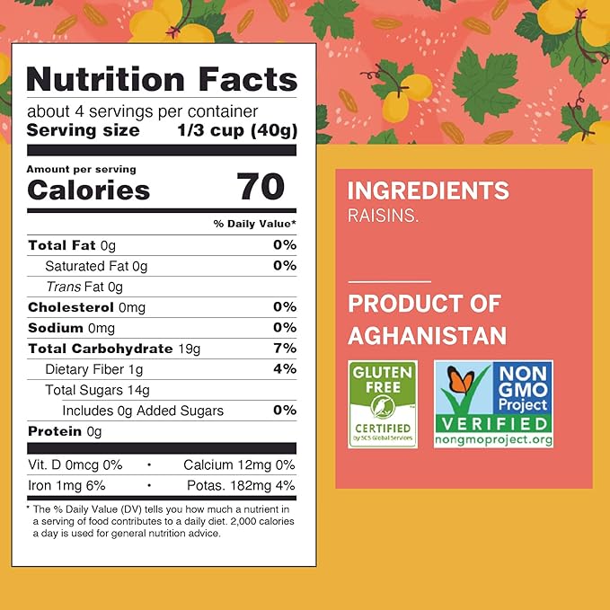 Ziba Foods Kishmish Raisins | Non-GMO, Vegan, Whole 30 Friendly & Paleo | Superfood Dry Fruit Raisins No Sugar Added & Naturally High in Fiber, Iron and Immune Boosting Antioxidants, 5.3 oz