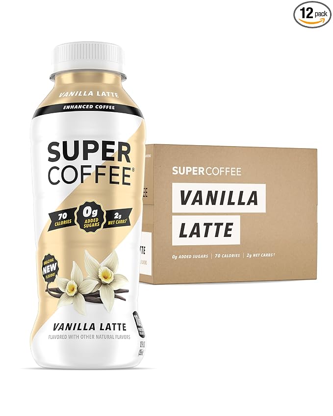 Super Coffee, Ready To Drink Iced Coffee, Vanilla Latte (12 Ounce Bottles, Pack of 12) - Low Net Carbs, No Added Sugar, Keto Friendly, 10g of Protein, Low Calorie, Protein Coffee