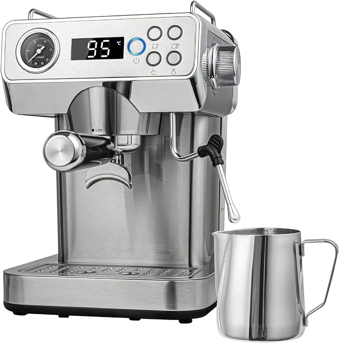 Espresso Machine, 20Bar Espresso Coffee Machine with Milk Frother & Temp Display, Stainless Steel Coffee Maker with 51oz Removable Water Tank for Latte, Cappuccino