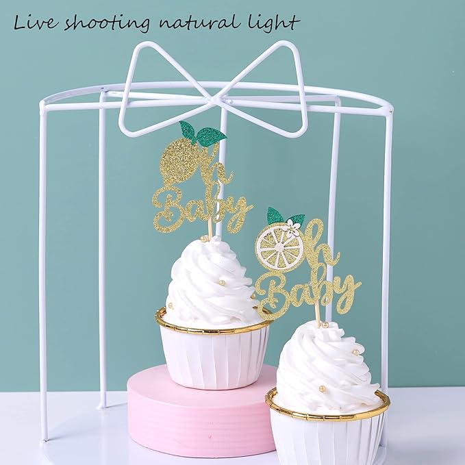 24 Pack Lemon Oh Baby Cupcake Toppers Glitter Baby Shower Cupcake Picks Summer Lemon Fruit Cake Decorations for Kids Birthday Theme Baby Shower Party Supplies