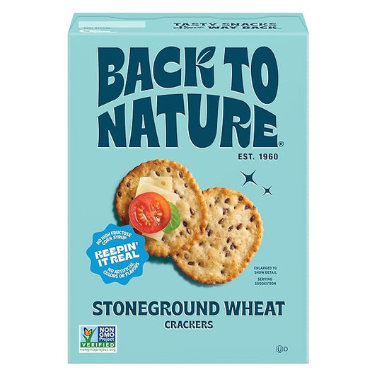Back to Nature Stoneground Wheat Crackers, Non-GMO, Vegan Friendly Snack Cracker, Made with Whole Grains & Flax Seed, Snack Happy, 5oz Box