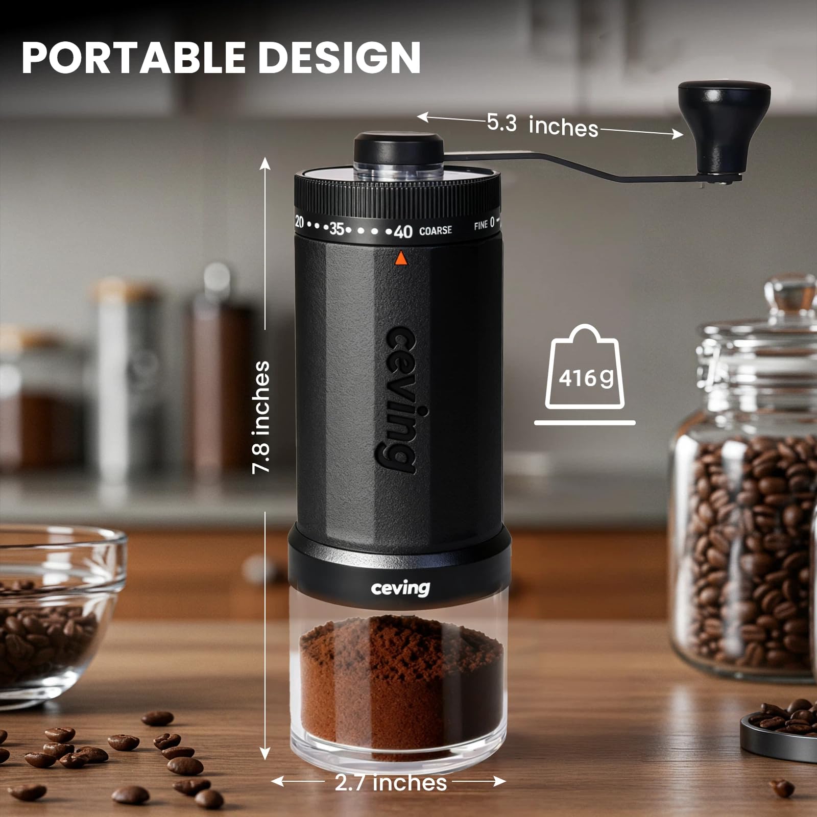 CEVING World's First 60g Large Capacity Manual Coffee Grinder, Black