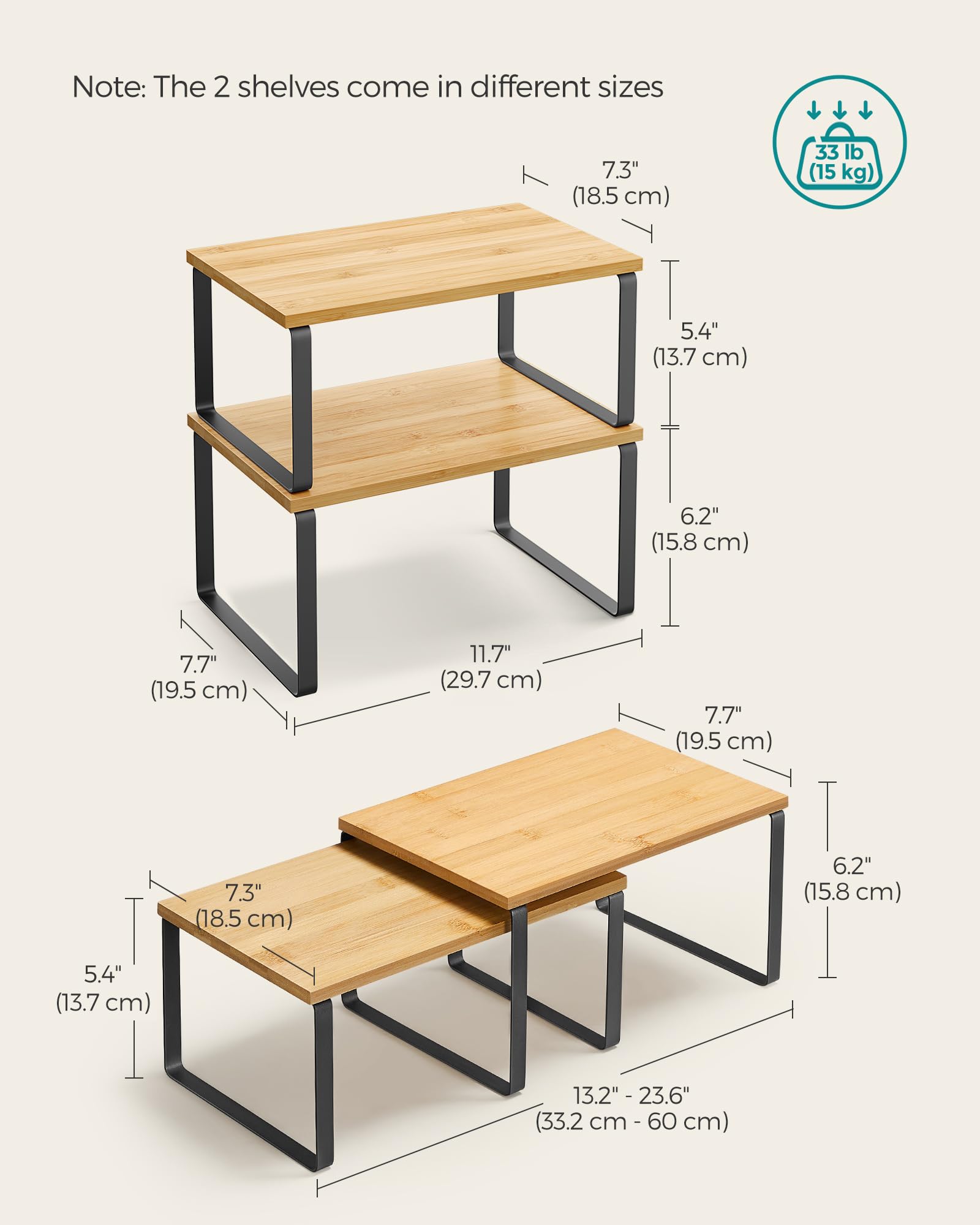 SONGMICS Cabinet Organizer Shelf, Set of 2 Kitchen Counter Shelves, Kitchen Storage, Spice Rack