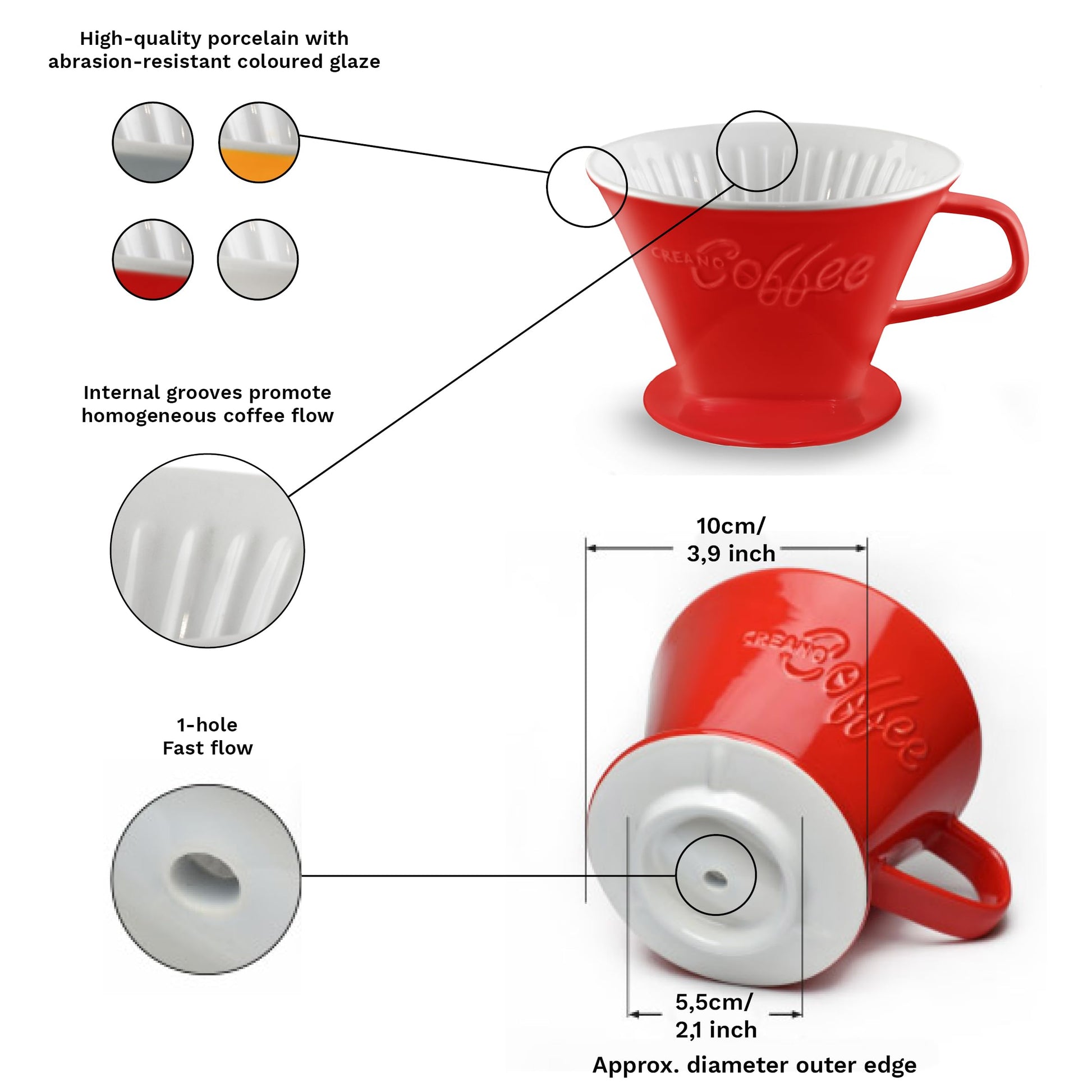 Creano Porcelain Coffee Dripper Stone Grey - Ceramic Cone Brewer - Pour Over Coffee Maker for