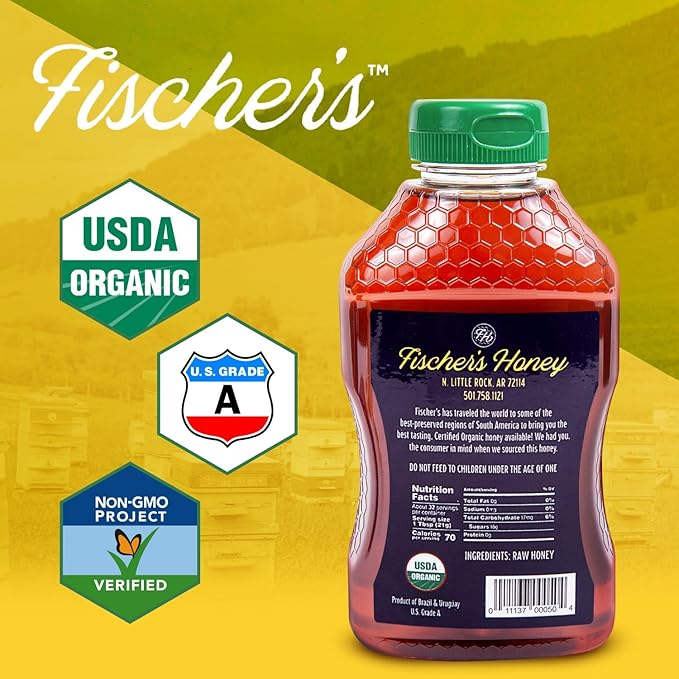Fischer's 100% Organic Honey, USDA Certified, 24 Oz – Pure, Raw & Unfiltered Honey – All-Natural Sweetener – Rich Flavor Profile, Packed with Nutrients