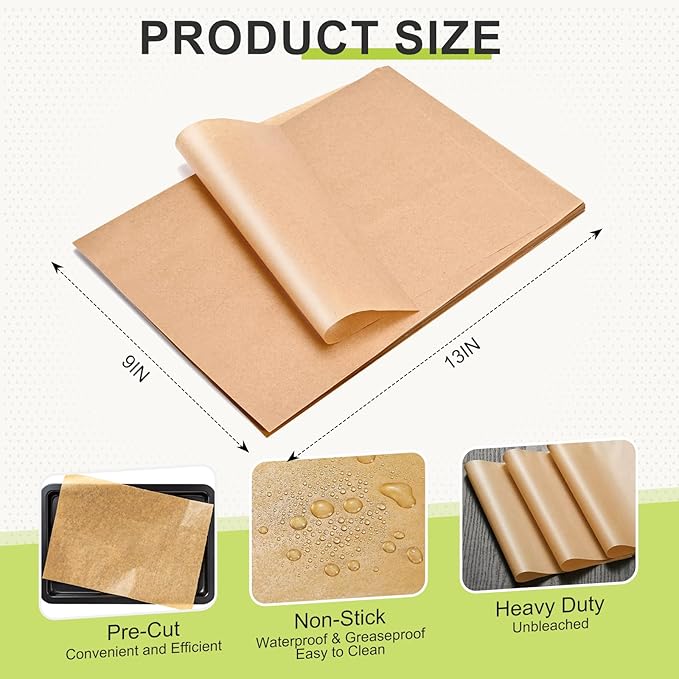 120 PCS Parchment Paper Sheets, 9 x 13 IN Unbleached, Precut Non-Stick Parchment Sheets for Baking, Cooking, Grilling, Steaming and More, Fit for An Air Fryer, Baking Sheet, Oven, or Sandwich Wraps