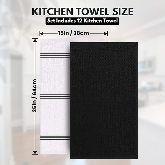 Infinitee Xclusives Premium Kitchen Towels - [Pack of 12] 100% Cotton Kitchen Hand Towels (15 x 25 Inches) - Dish Towels for Kitchen |Storm Black|