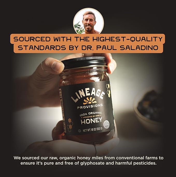 Lineage Provisions 100% Organic Raw Unfiltered Honey – 3-Pack (18 oz Glass Jars) – Undetectable Glyphosate, Chemical-Free, Gluten-Free & Non-GMO – Undergoes no heating, processing, straining, or additives – Hand-Harvested Pure Honey