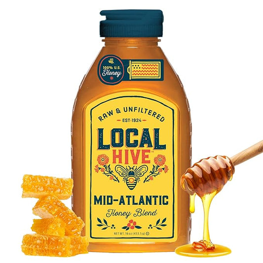 Local Hive Mid Atlantic Raw Unfiltered Honey – 16 oz, 100% Pure US Honey, Sourced from American Bees and Beekeepers - Natural Sweetener, Ideal for Tea, Baking, and Cooking