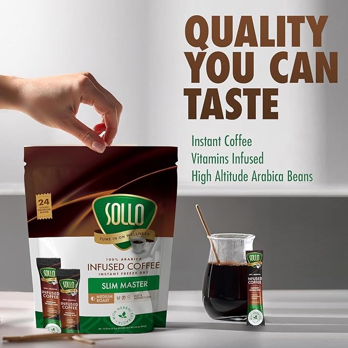 SOLLO Slim Infused Instant Coffee sticks (24 Servings) Weight Loss Healthy Body Support, Medium- Dark Roast, 100% Arabica Freeze Dried Coffee in Single Serve Sticks.