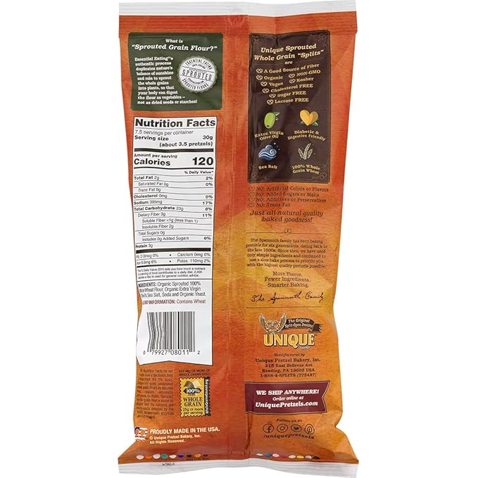 Unique Pretzels - Sprouted Splits Pretzels, Homestyle Baked, Certified OU Kosher and non-GMO, 8 Ounce Bag