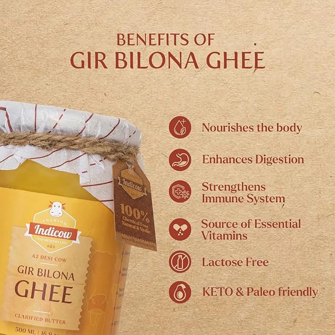 Indicow A2 Desi Cow Ghee, Clarified Butter| Grass Fed Cows | (1000ML(33.8oz), Gir Cow Ghee) Grass Fed, Pasture Raised Clarified Butter Fat, Keto, Paleo, Lactose Free, Casein Free, Non-GMO | Price Revision Soon