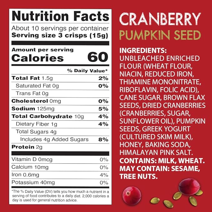Kii Naturals Artisan Crisps, Healthy Snack Crackers for Cheese, Meats, Spreads, Charcuterie Board - Non-GMO, Kosher, No Preservatives, Hand-Crafted - Cranberry Pumpkin Seed, 5.3 Ounce (Pack of 12)