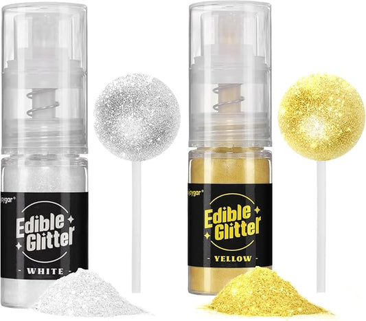 Sujoygar Edible Glitter Spray 2 Colors, White and Yellow Edible Glitter for Cocktails, Shimmer Powder Luster Dust Edible for Cake Drink Strawberrie Cupcake Cookies Baking Decoretion, Vegan(5g/Bottle)