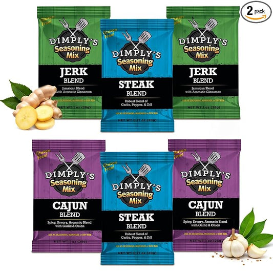 Dimply's Cajun, Jerk,Steak Seasoning Mix,Marinade and Dry Rub Perfect for Steak,Chicken,Vegetables, Tofu - Gluten Free,Preservative Free and MSG Free -Vegan Friendly (2 pack each & 6 ounce)
