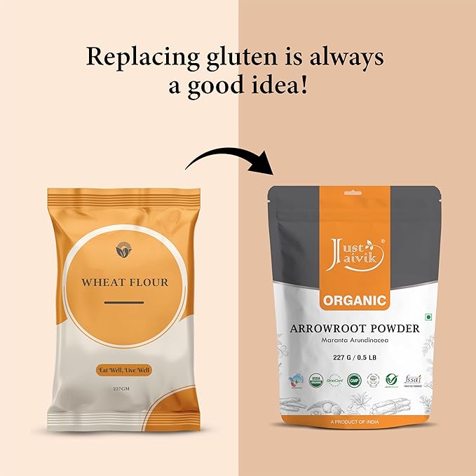 Just Jaivik USDA Certified Organic Arrowroot Powder - Gluten Free, Non GMO, Vegan Friendly, Natural Thickening Agent for Cooking and Baking