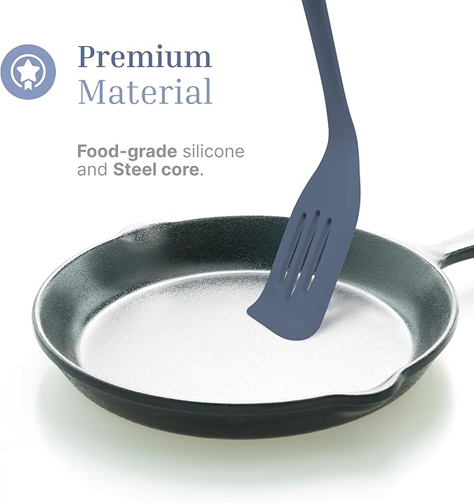 Silicone Slotted Turner Set – 2-Piece Set of Turner Spatulas for Eggs and Pancakes – Kitchen Tools and Accessories with Comfortable Handles, Heat-Resistant Utensils for Cooking & Baking – Blue