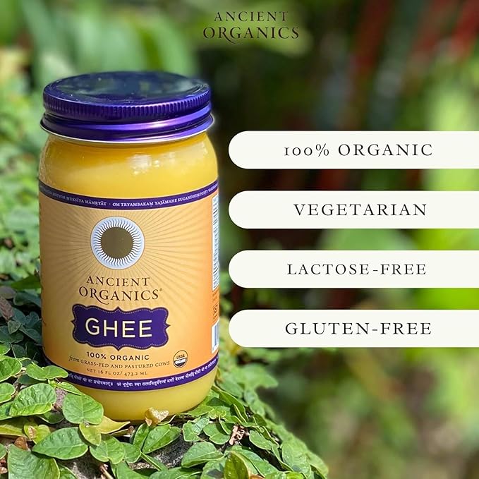 Ancient Organics Salted Ghee, Organic Grass Fed Gluten Free Clarified Salted Ghee Butter with Vitamins & Omegas, Lactose Reduced, 100% Certified Organic, Kosher, Made in USA, 16 Fl Oz