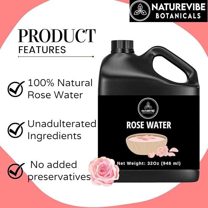 Naturevibe Botanicals Pure Rose Water Toner 32 oz ??Hydrating Facial Mist & Hair Spray | 100% Natural, Alcohol-Free Skin Care & Makeup Setting Spray | Great for Skin Care and Hair Care
