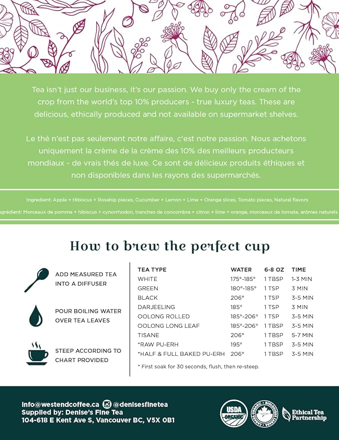 Denise's Fine Tea, USDA Organic, Market Fresh, Herb and Fruit Tea, Caffeine-Free, Loose Leaf (100g)