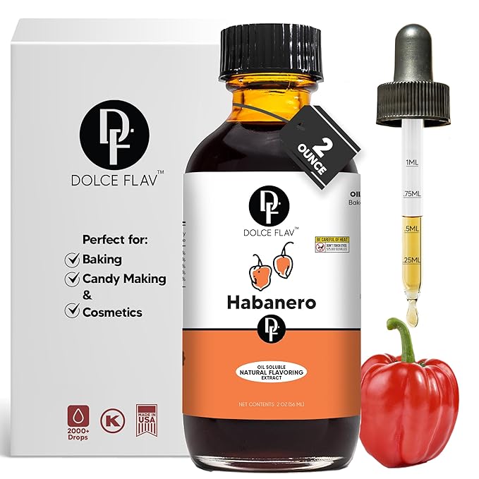 Dolce Flav Natural Habanero Extract (Oil-Soluble) 2 oz ??Kosher, Sugar-Free, Concentrated Spicy Habanero Flavoring for Savory Dishes, Sauces & Confections, Includes Measured Dropper