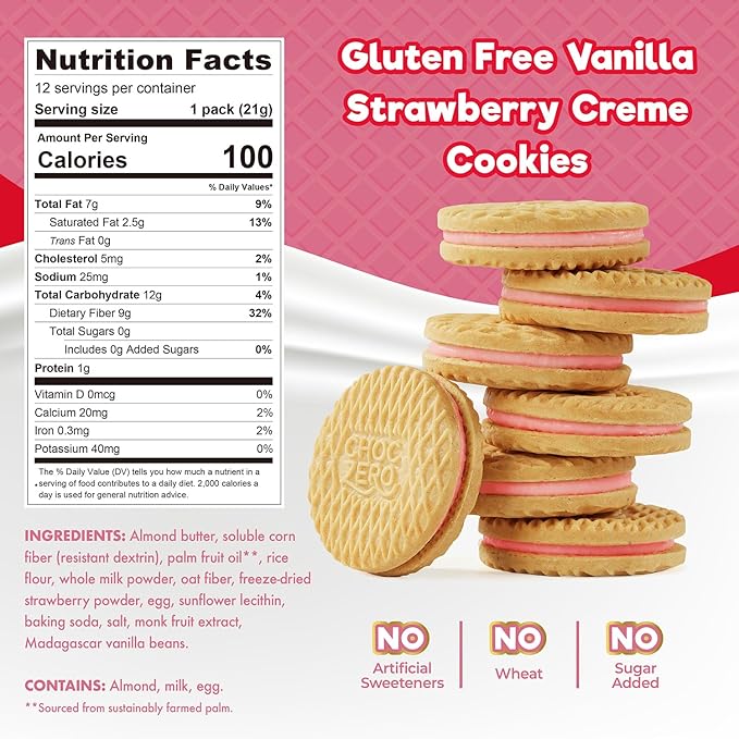 ChocZero Strawberry Creme Dunkies, Gluten Free, Low Sugar, Keto Strawberry Vanilla Sandwich Cookies, 9 oz