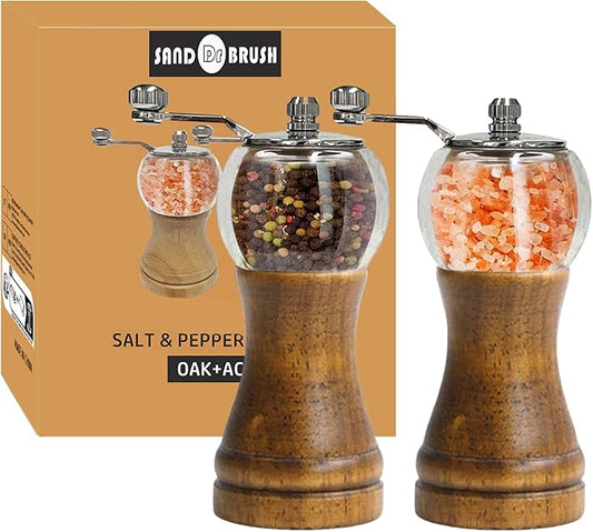 Salt and Pepper Grinder Set 2pcs-6in Pepper Mills Classical Roast Black Wooden Manual Pepper Grinder Set Metal Hand Shake Sea Salt Mill, Ceramic Core Grinding Fresh Ground Pepper Sea Salts