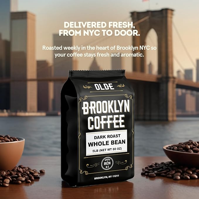 BROOKLYN COFFEE Whole Bean, Classic Dark Roast (5lb) Bold, Smooth Taste, Intense Aroma - Fresh Bulk Coffee Beans Roasted Weekly in NYC
