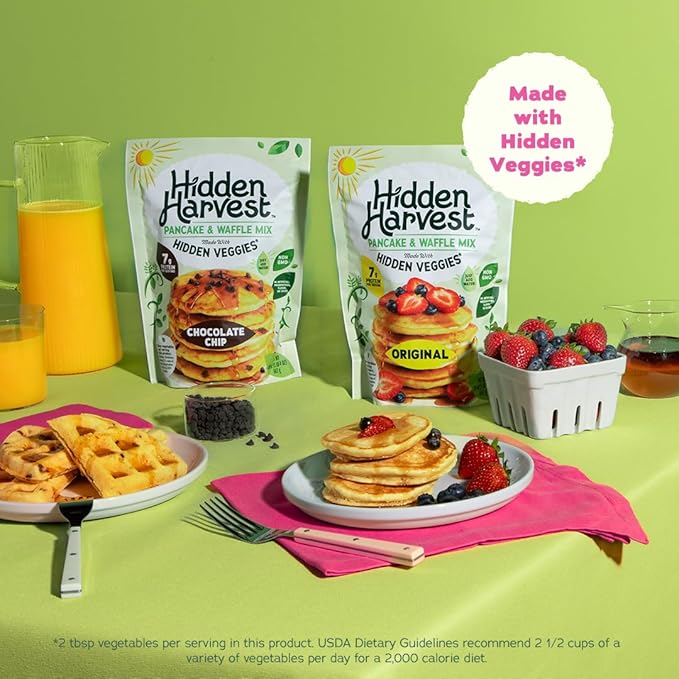 Hidden Harvest Original Pancake & Waffle Mixes: Non-GMO Project Verified, Made with Hidden Veggies You Can't See or Taste, 7g of Protein per Serving, Just Add Water, Fluffly Pancakes for a Delicious Breakfast (20 oz)