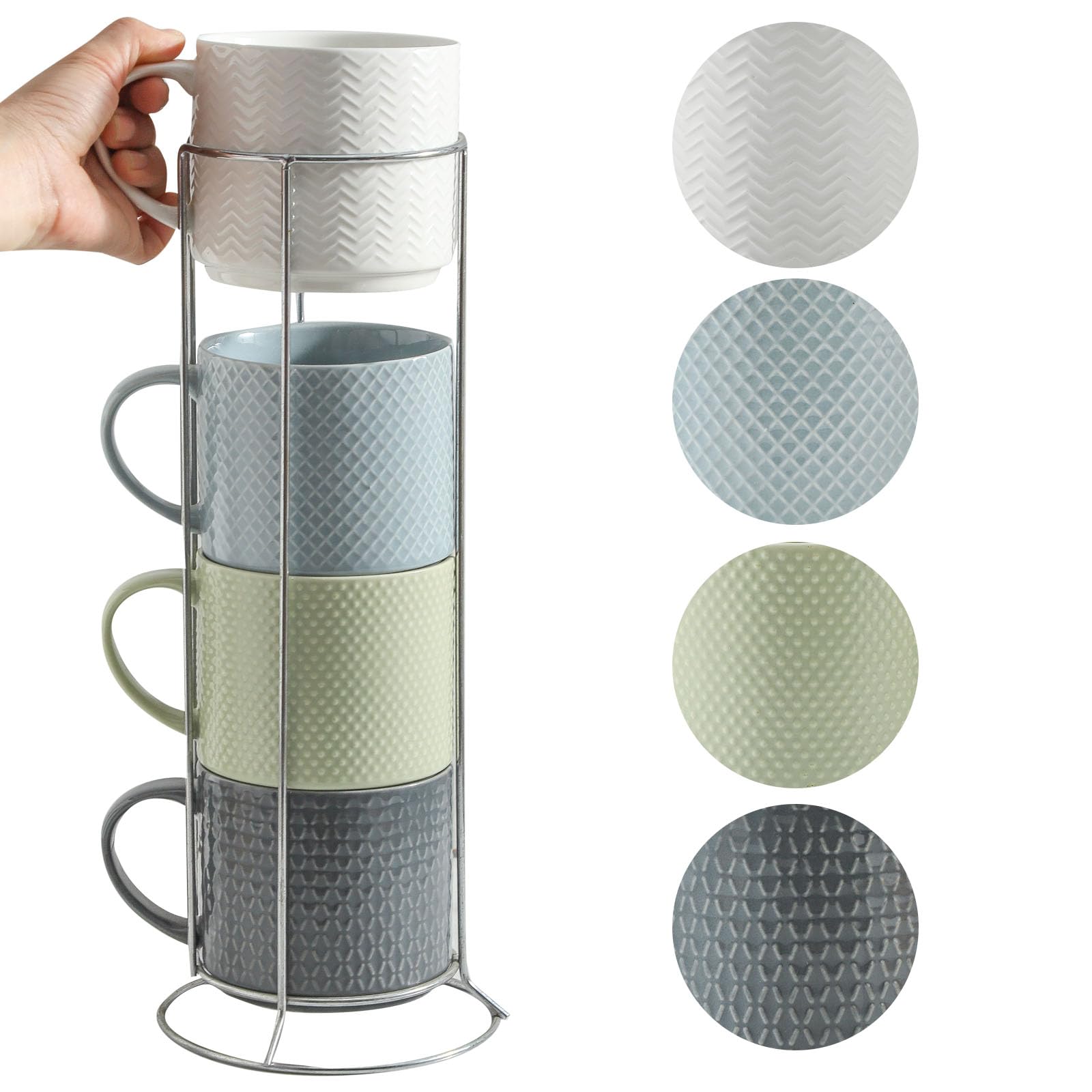 HASENSE Coffee Mugs with Metal Stand,15 oz Ceramic Stackable Mug Set Embossed Latte Cup, Ceramic