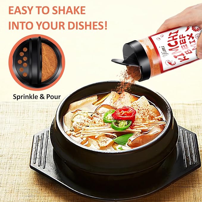 Yimi Kimchi and Beef Seasoning Mix, Spicy Flavor, Finely Ground Powder for Stew, Soup, Noodles, Vegetables, Tteokbokki, BBQ and More, Korean Style, 9 Oz