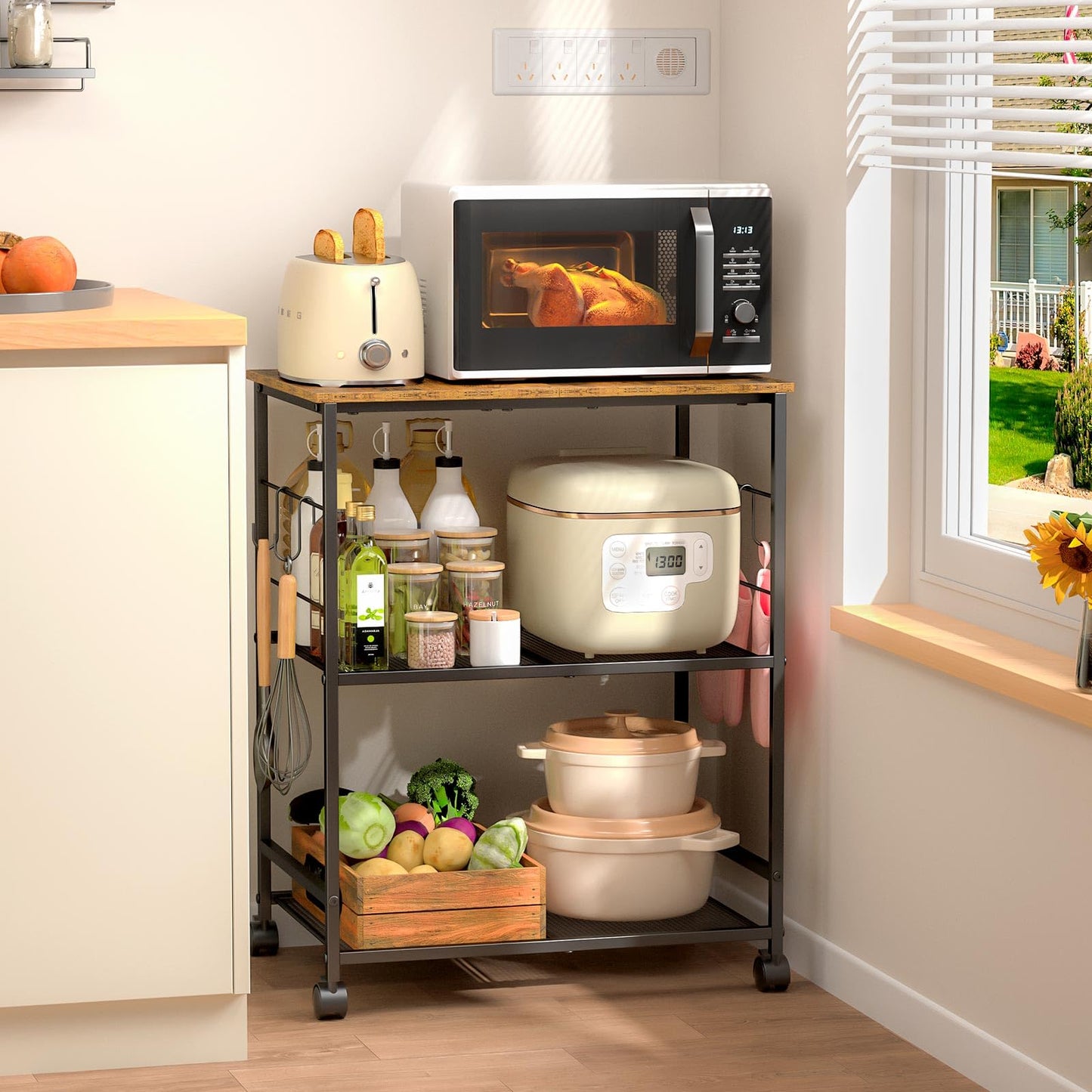 ThreeHio Rolling Kitchen Microwave Cart, 3 Tier Microwave Table Stand with Storage, Kitchen Utility