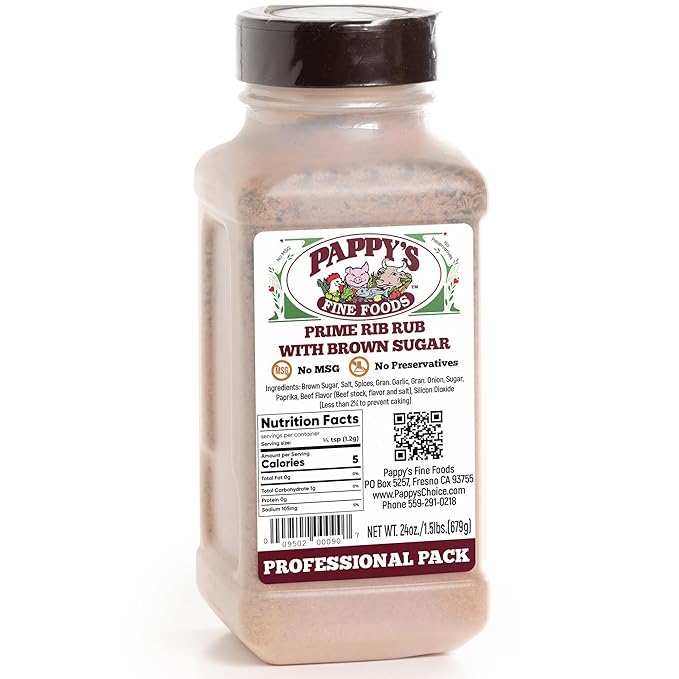 New Pappy's Prime Rib Rub With Brown Sugar. Perfect for bbq and smoked brisket, steak, beef, chicken, fajita, seafood, veggies, rotisserie, fried, roast pulled and slow cooked meats and more - A NEW twist on a 30+ year seasoning recipe.