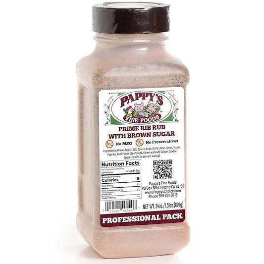New Pappy's Prime Rib Rub With Brown Sugar. Perfect for bbq and smoked brisket, steak, beef, chicken, fajita, seafood, veggies, rotisserie, fried, roast pulled and slow cooked meats and more - A NEW twist on a 30+ year seasoning recipe.