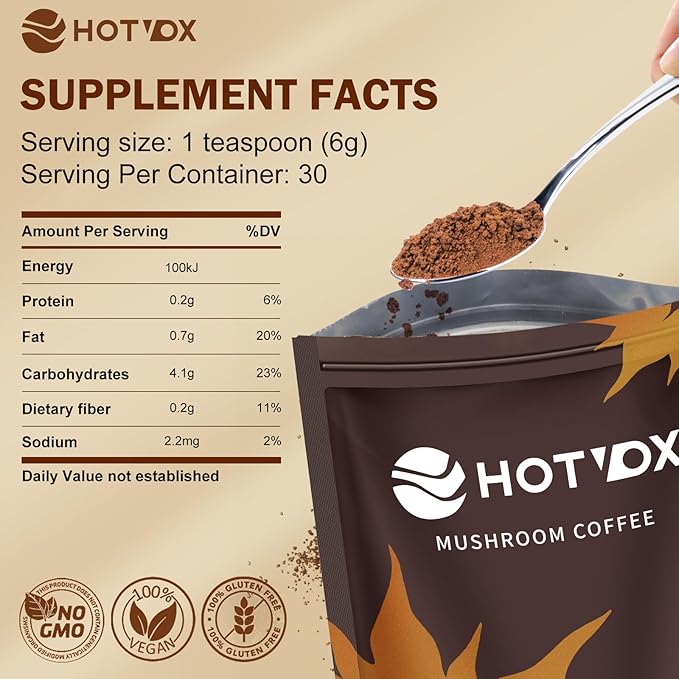 Hotvox Mushroom Coffee - Organic Instant Coffee Powder with Mushroom - 6.56 oz 30 Servings