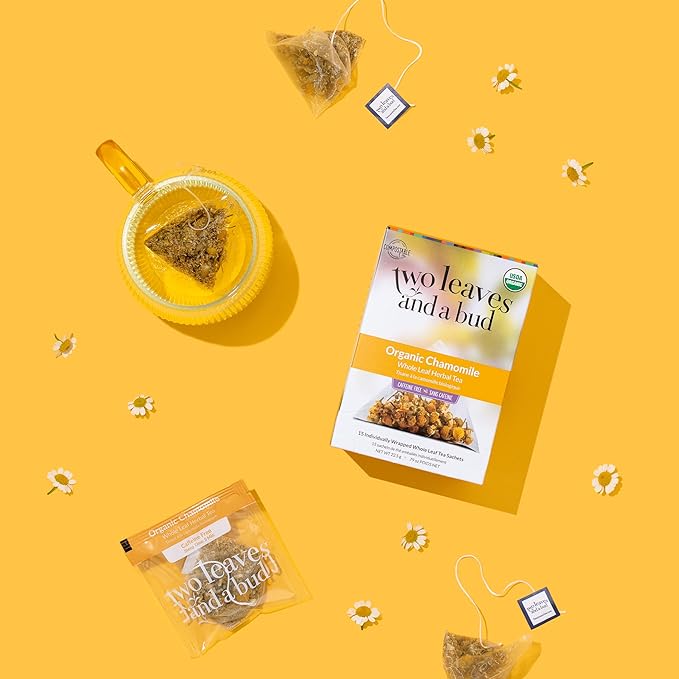 Two Leaves and a Bud Organic Chamomile Tea Bags, Naturally Caffeine Free, Whole Leaf Herbal Chamomile Tea in Compostable Sachets, 15 Count (Pack of 6)