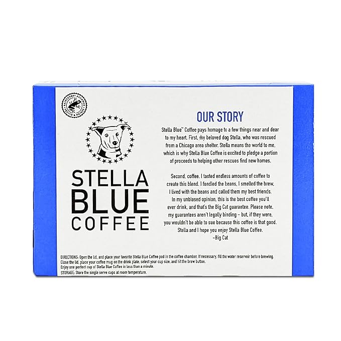 Stella Blue K Cups Coffee Pods, Big Cat Blend, Medium Roast, Caramel, Hazelnut and Fruitiness Notes, 100% Arabica, Ethically Sourced from Central & South America, 12 Single Serve Recyclable Pods