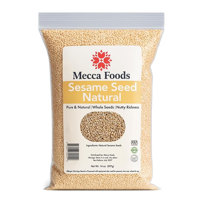 Sesame Seeds Natural – 14 oz Resealable Bag – Whole Raw Unhulled Seeds for Cooking, Baking & Garnishing by Mecca Foods