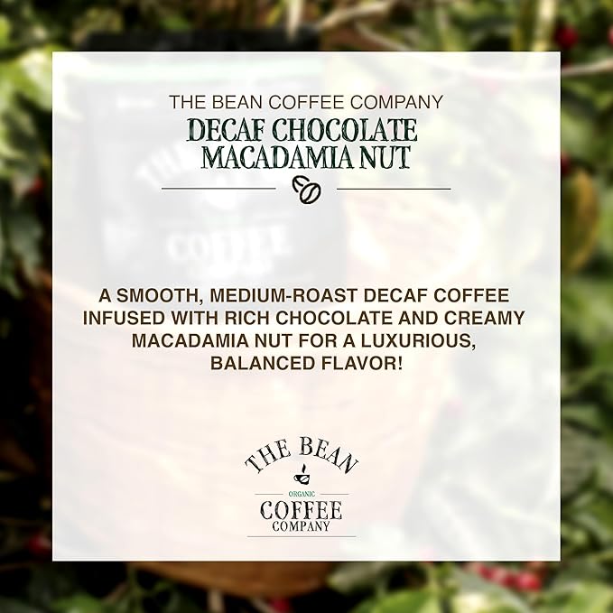 The Bean Organic Coffee Company Water Processed DECAF Chocolate Macadamia Nut, Medium Roast, Whole Bean Coffee, 16-Ounce Bags (Pack of 2)