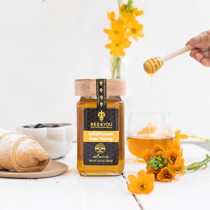 Bee and You Raw Wildflower Honey, 100% Natural, Wildcrafted, Polyflora and Unprocessed, Active Enzymes, Antioxidants, OU Kosher, Paleo, Gluten-Free, 10.6 oz